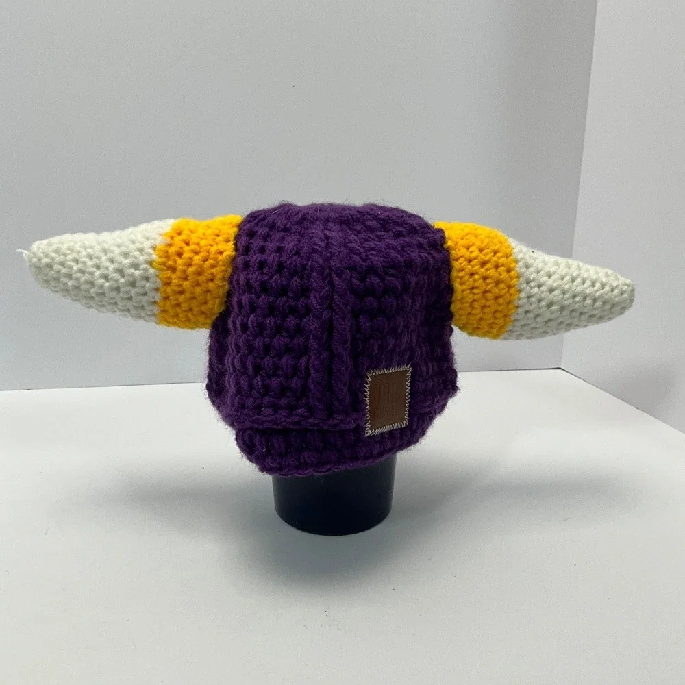 Handmade Minnesota Vikings Kids Stocking Hat with Horns Purple Gold Crochet Knit